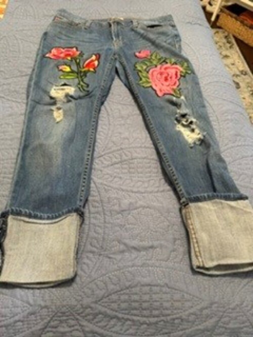 Upcycled distressed, rose-embroidered boyfriend or relaxed-fit jeans